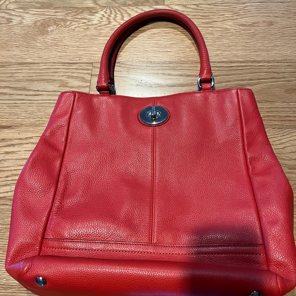 Coach Red Soft Leather Shoulder Bag with Turnlock Closure